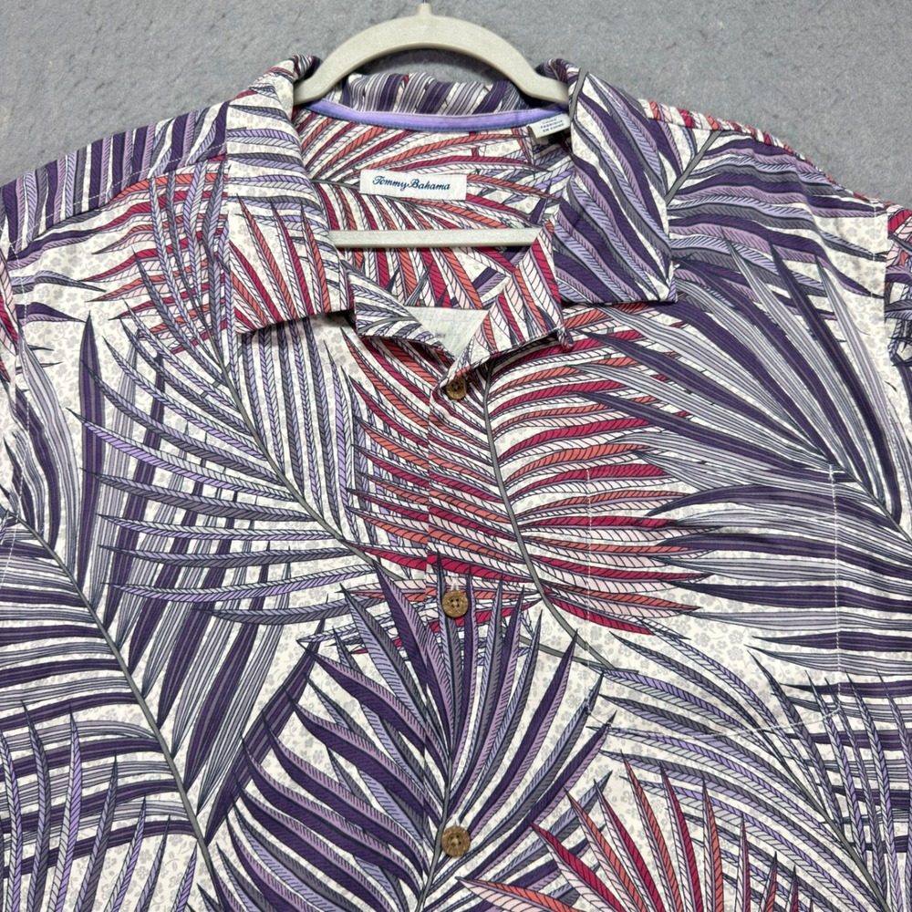 Tommy Bahama IslandZone Mens XL Silk Blend Palm Leaf Print Camp Shirt Purple Red - Picture 2 of 8